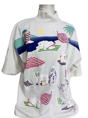 RARE Vtg Spumoni Puff Print Mock Neck Women’s Large Animal Beach Print Tee Large